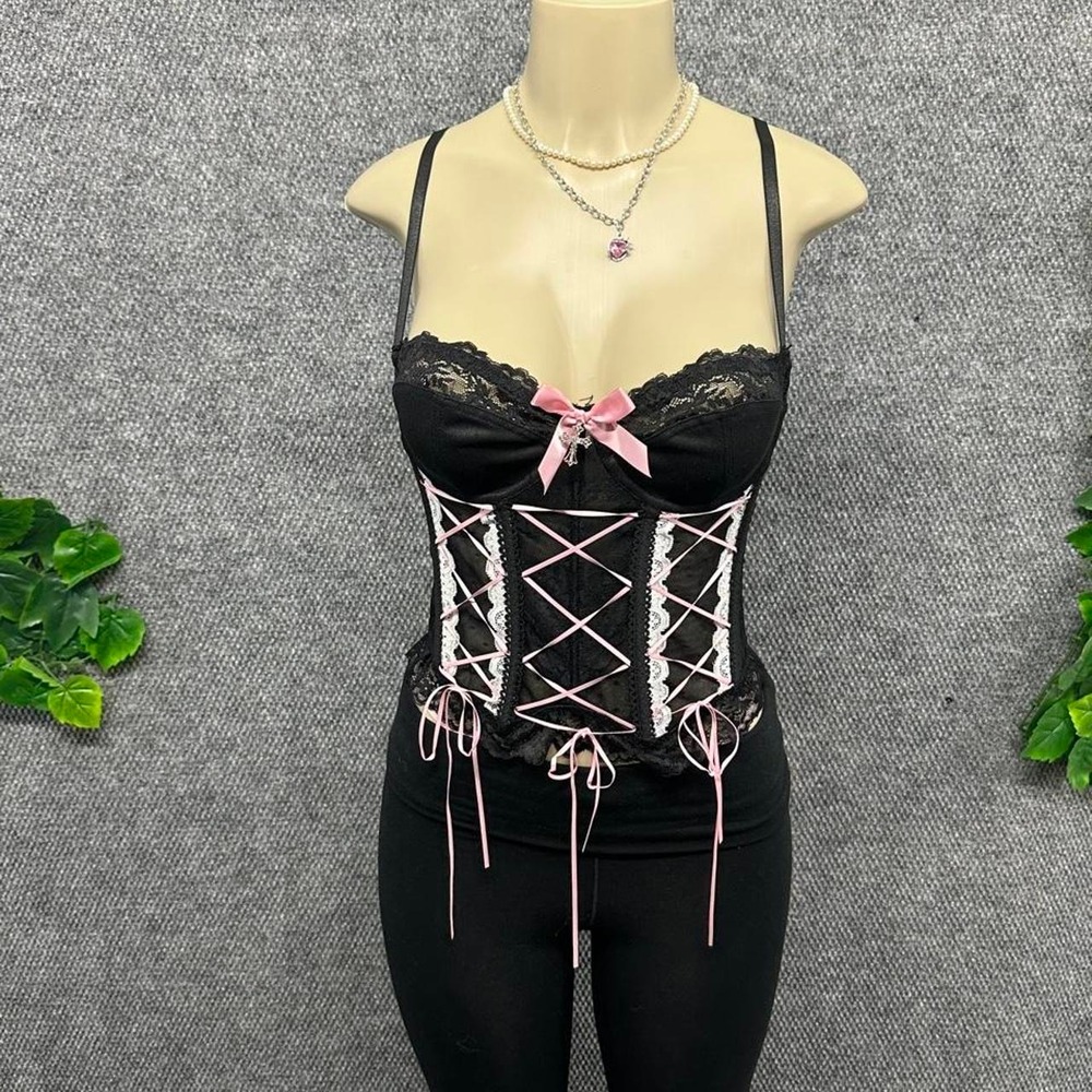 Black & Pink Lace Corset Cami Top
